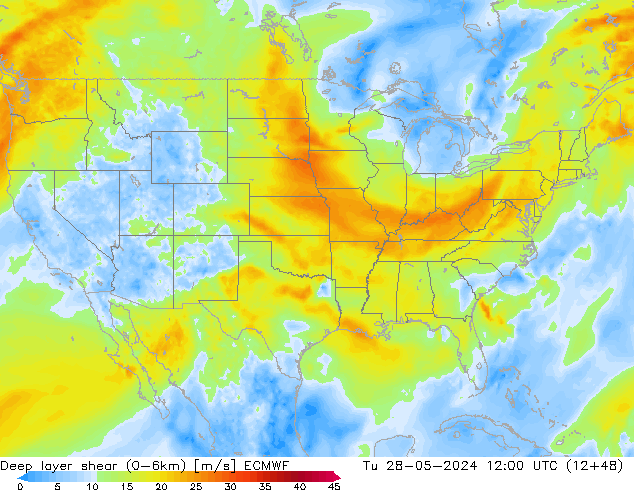 Deep layer shear (0-6km) ECMWF mar 28.05.2024 12 UTC