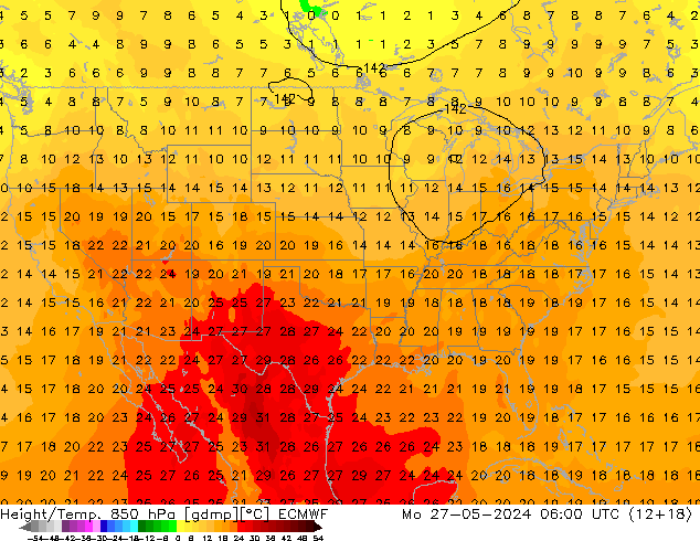 Z500/Rain (+SLP)/Z850 ECMWF pon. 27.05.2024 06 UTC