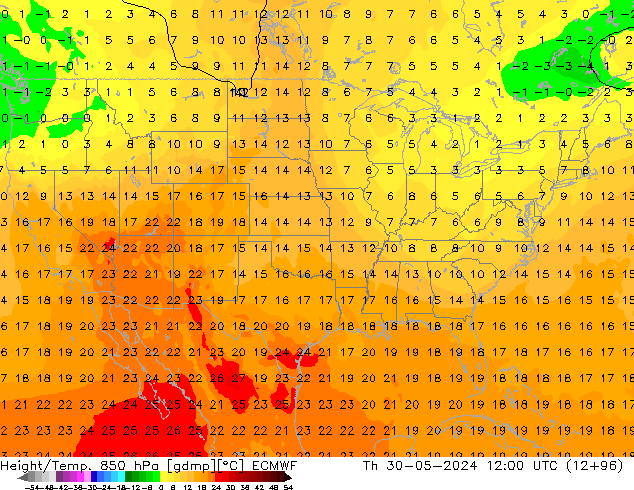 Z500/Rain (+SLP)/Z850 ECMWF gio 30.05.2024 12 UTC