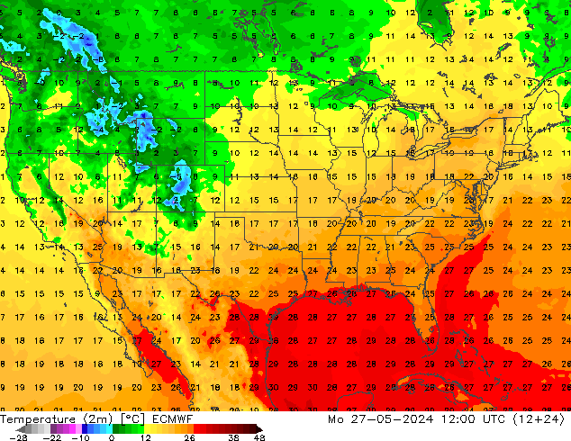 карта температуры ECMWF пн 27.05.2024 12 UTC