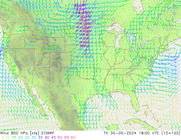 Wind 850 hPa ECMWF Čt 30.05.2024 18 UTC