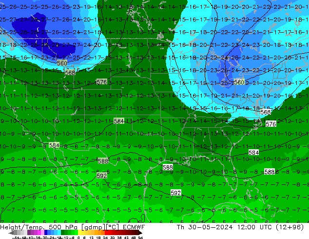 Z500/Rain (+SLP)/Z850 ECMWF gio 30.05.2024 12 UTC