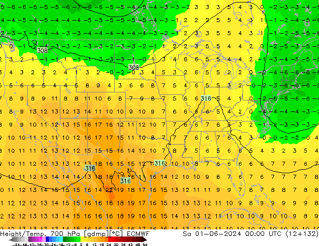 Height/Temp. 700 hPa ECMWF Sa 01.06.2024 00 UTC