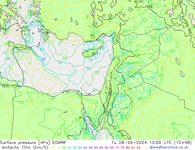 Isotachs (kph) ECMWF Tu 28.05.2024 12 UTC