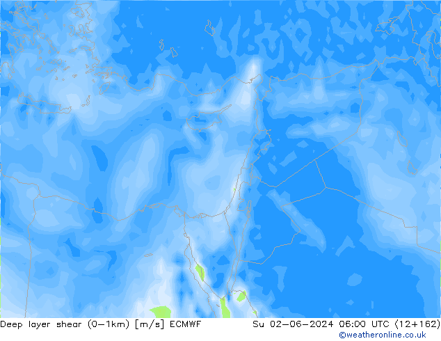 Deep layer shear (0-1km) ECMWF Su 02.06.2024 06 UTC