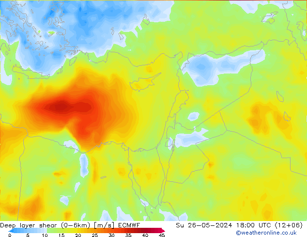 Deep layer shear (0-6km) ECMWF Su 26.05.2024 18 UTC