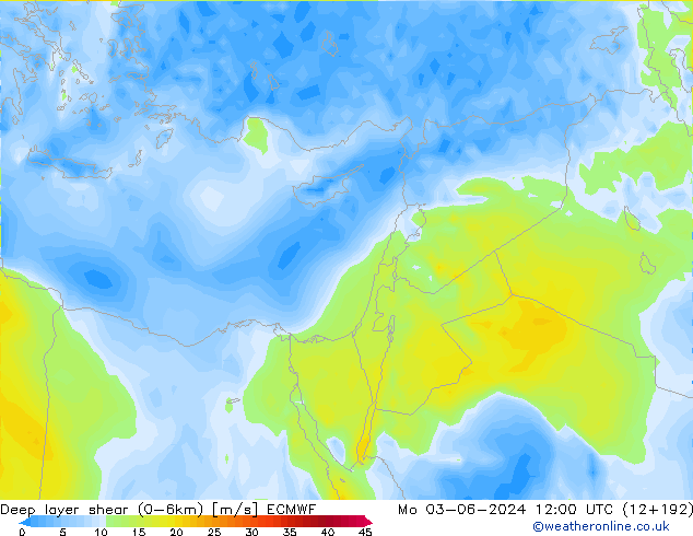 Deep layer shear (0-6km) ECMWF Po 03.06.2024 12 UTC