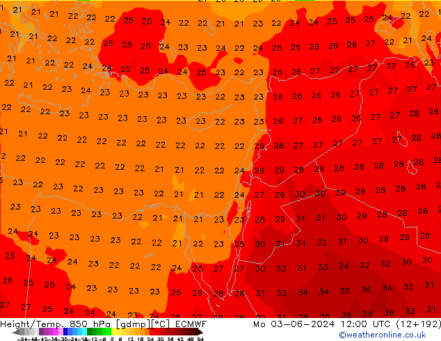 Height/Temp. 850 hPa ECMWF Po 03.06.2024 12 UTC