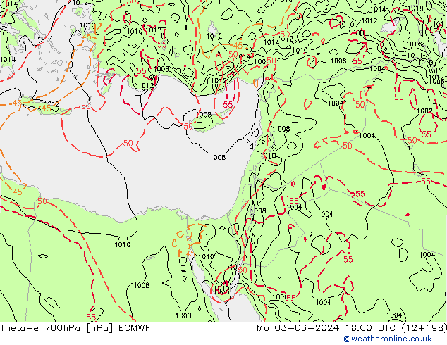 Theta-e 700hPa ECMWF Po 03.06.2024 18 UTC