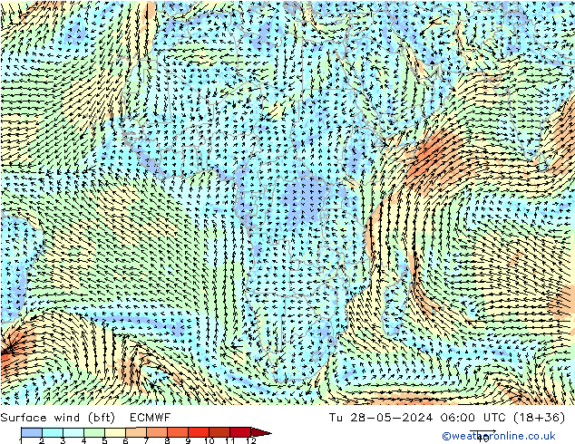 Vent 10 m (bft) ECMWF mar 28.05.2024 06 UTC