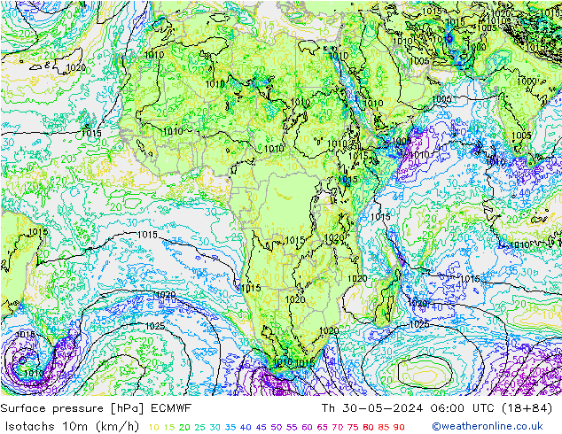 Isotachs (kph) ECMWF Th 30.05.2024 06 UTC