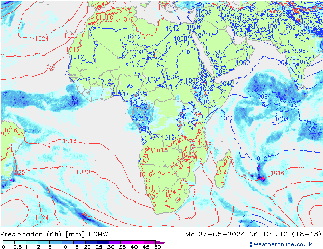 Precipitación (6h) ECMWF lun 27.05.2024 12 UTC
