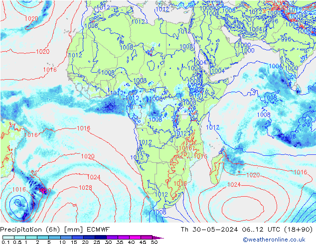 Precipitation (6h) ECMWF Th 30.05.2024 12 UTC