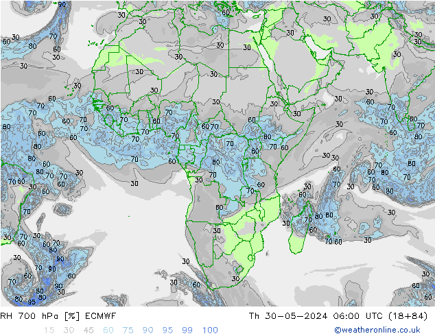 RH 700 hPa ECMWF Th 30.05.2024 06 UTC