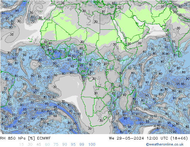 850 hPa Nispi Nem ECMWF Çar 29.05.2024 12 UTC