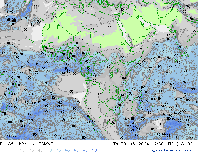 RH 850 hPa ECMWF Čt 30.05.2024 12 UTC