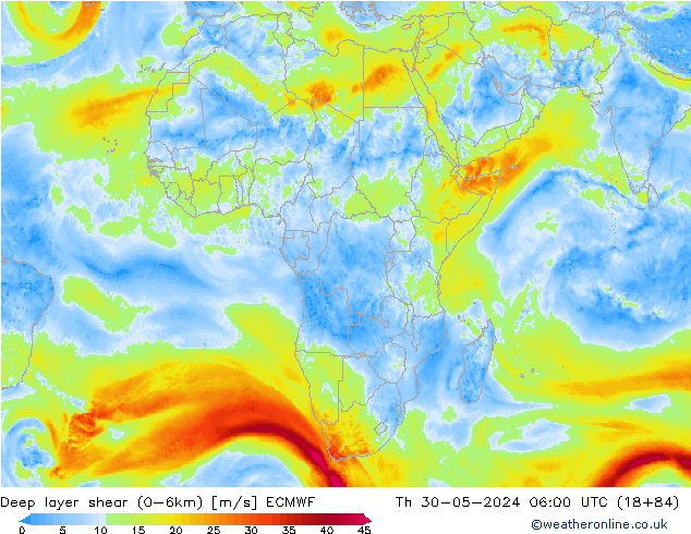 Deep layer shear (0-6km) ECMWF Th 30.05.2024 06 UTC