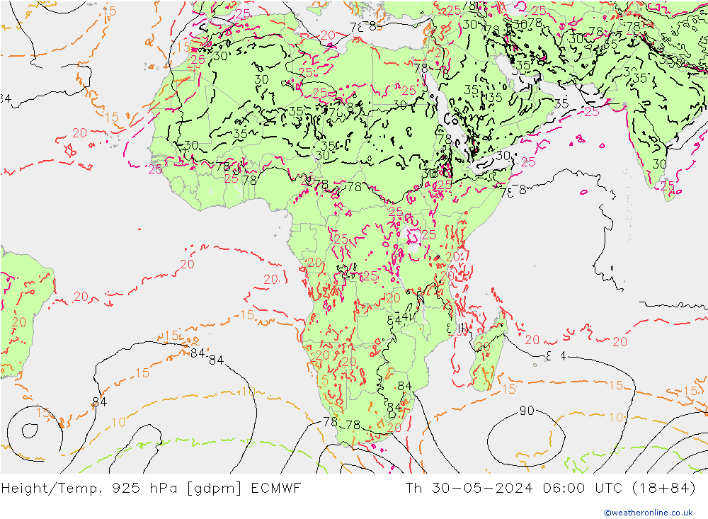 Height/Temp. 925 hPa ECMWF Th 30.05.2024 06 UTC