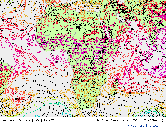 Theta-e 700hPa ECMWF Qui 30.05.2024 00 UTC