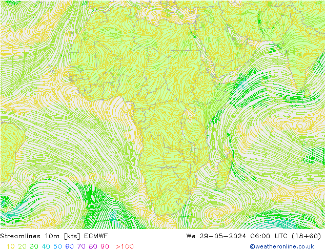 Linha de corrente 10m ECMWF Qua 29.05.2024 06 UTC