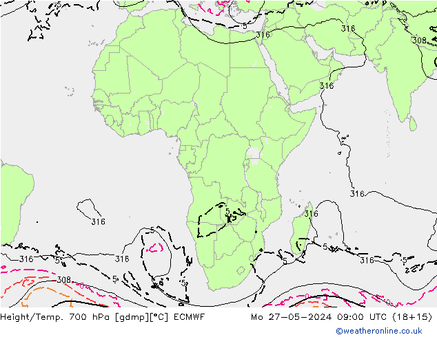 Geop./Temp. 700 hPa ECMWF lun 27.05.2024 09 UTC