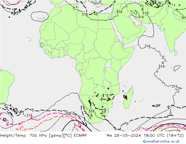 Geop./Temp. 700 hPa ECMWF mié 29.05.2024 18 UTC