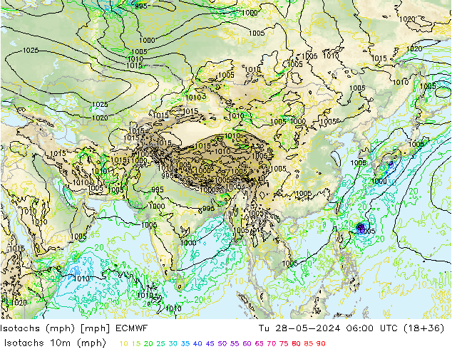 Isotachs (mph) ECMWF Tu 28.05.2024 06 UTC