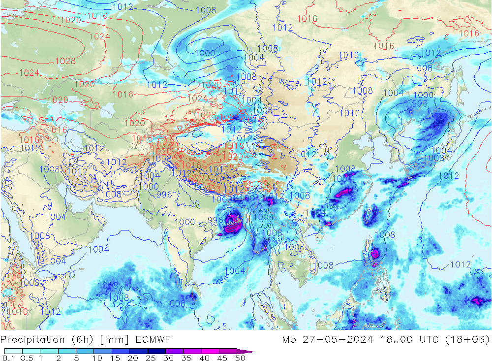 Z500/Rain (+SLP)/Z850 ECMWF Po 27.05.2024 00 UTC