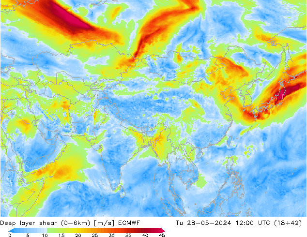 Deep layer shear (0-6km) ECMWF Út 28.05.2024 12 UTC