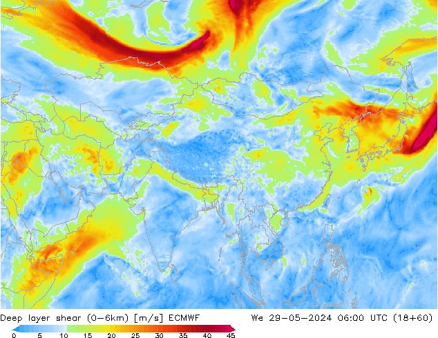 Deep layer shear (0-6km) ECMWF We 29.05.2024 06 UTC