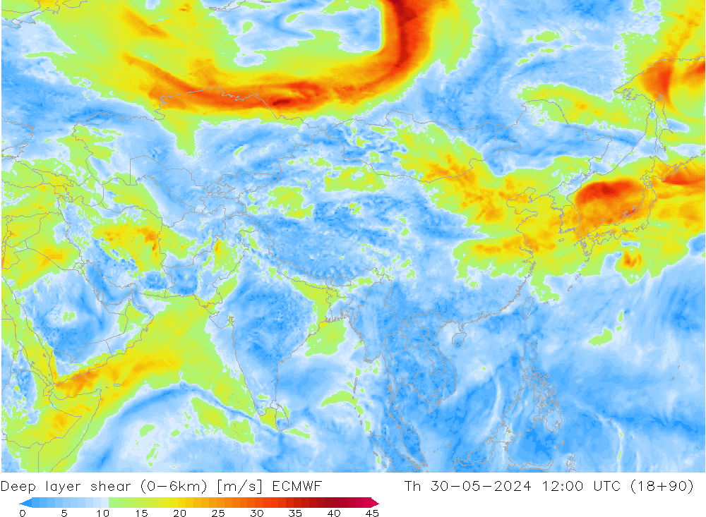 Deep layer shear (0-6km) ECMWF gio 30.05.2024 12 UTC