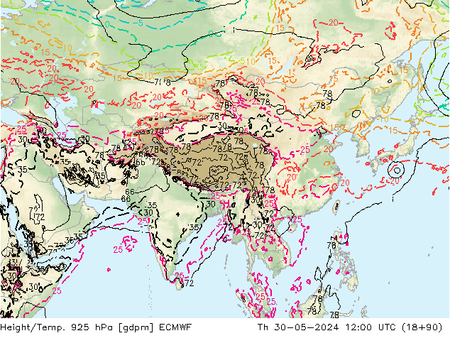 Yükseklik/Sıc. 925 hPa ECMWF Per 30.05.2024 12 UTC