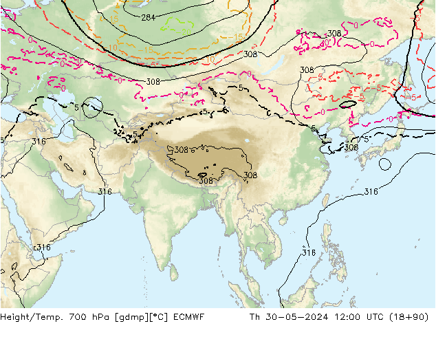 Hoogte/Temp. 700 hPa ECMWF do 30.05.2024 12 UTC