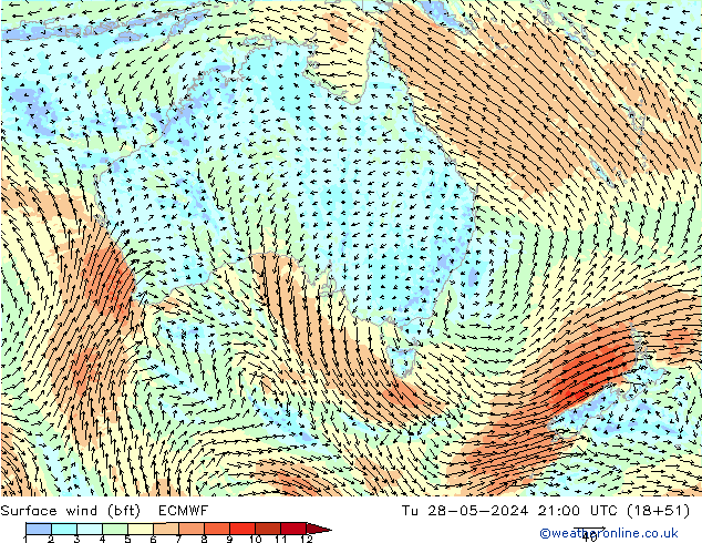 Surface wind (bft) ECMWF Tu 28.05.2024 21 UTC
