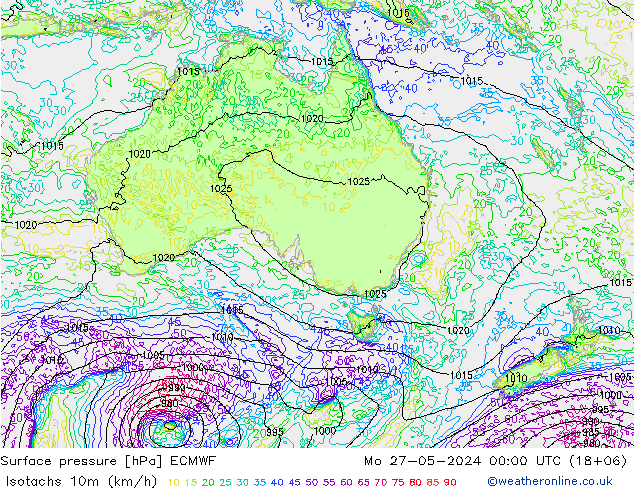 Isotachs (kph) ECMWF lun 27.05.2024 00 UTC