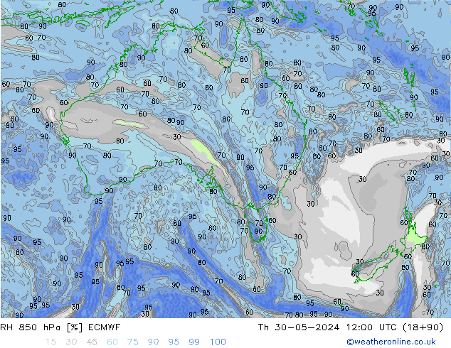 RH 850 hPa ECMWF Qui 30.05.2024 12 UTC