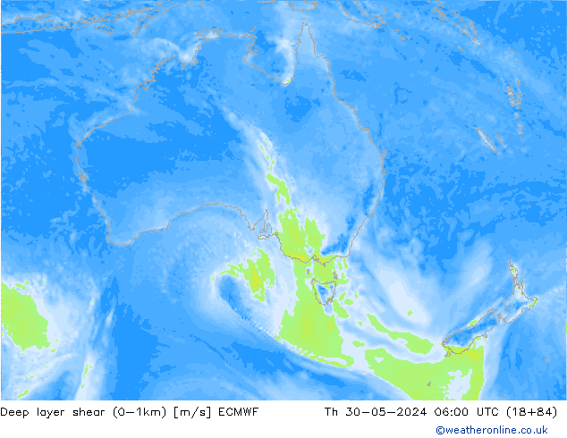 Deep layer shear (0-1km) ECMWF gio 30.05.2024 06 UTC