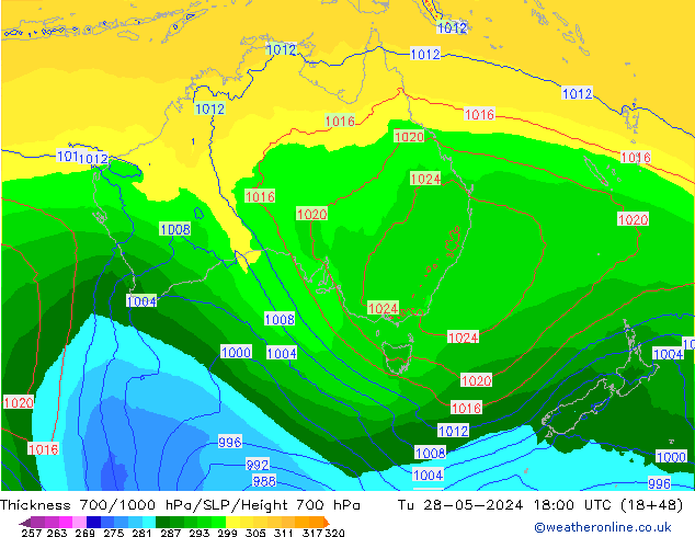 Espesor 700-1000 hPa ECMWF mar 28.05.2024 18 UTC