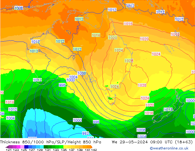 Thck 850-1000 hPa ECMWF mer 29.05.2024 09 UTC