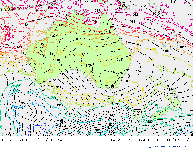 Theta-e 700hPa ECMWF mar 28.05.2024 03 UTC