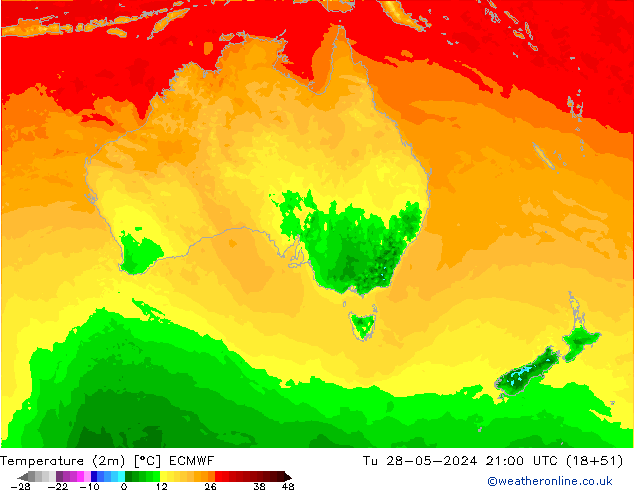 Temperatura (2m) ECMWF mar 28.05.2024 21 UTC