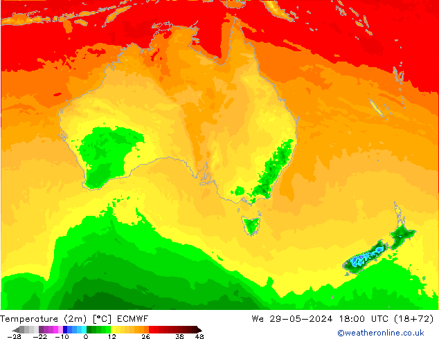 Temperatuurkaart (2m) ECMWF wo 29.05.2024 18 UTC
