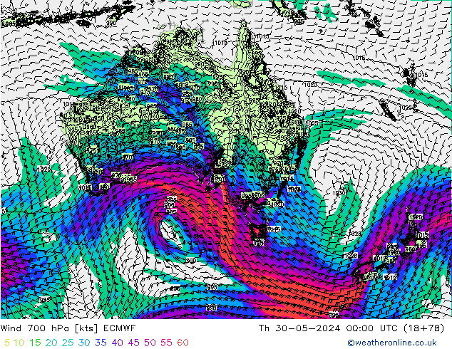 Vento 700 hPa ECMWF gio 30.05.2024 00 UTC