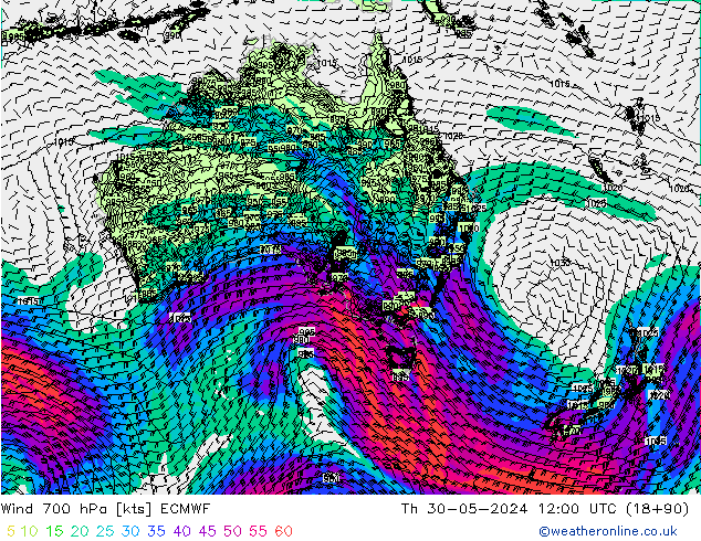 Wind 700 hPa ECMWF Čt 30.05.2024 12 UTC