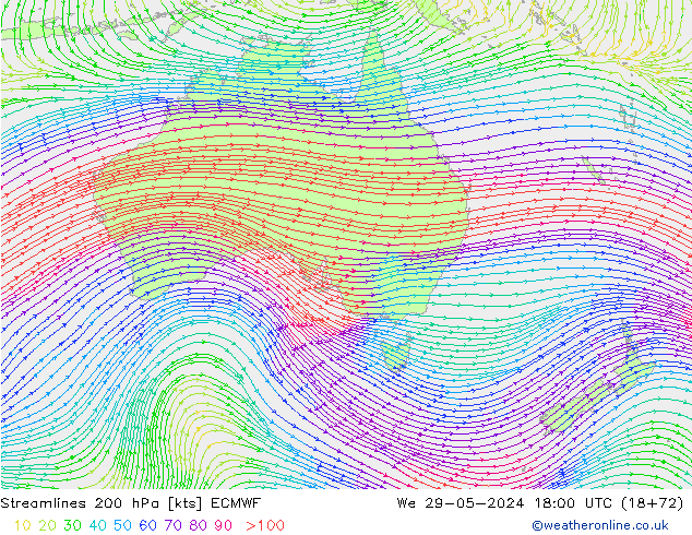 Linha de corrente 200 hPa ECMWF Qua 29.05.2024 18 UTC