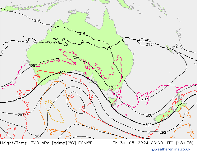 Height/Temp. 700 hPa ECMWF Qui 30.05.2024 00 UTC