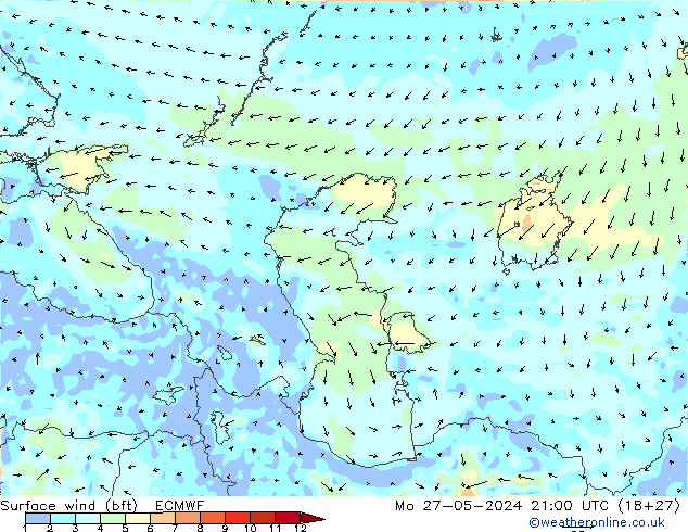 Wind 10 m (bft) ECMWF ma 27.05.2024 21 UTC