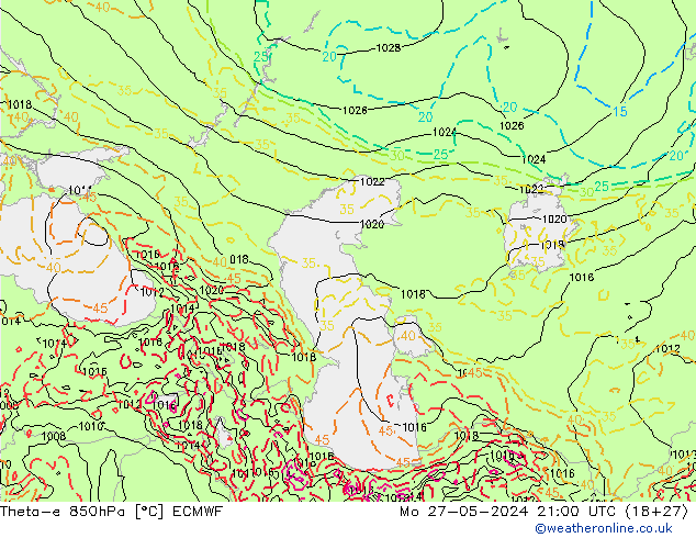 Theta-e 850hPa ECMWF ma 27.05.2024 21 UTC