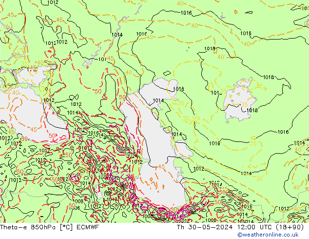 Theta-e 850hPa ECMWF jeu 30.05.2024 12 UTC