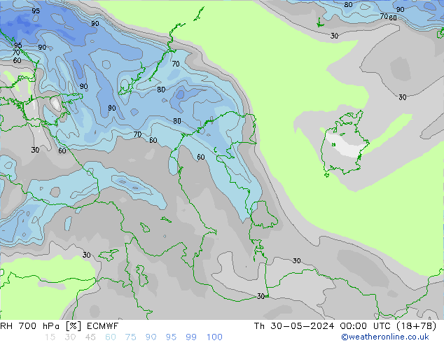 RH 700 hPa ECMWF czw. 30.05.2024 00 UTC